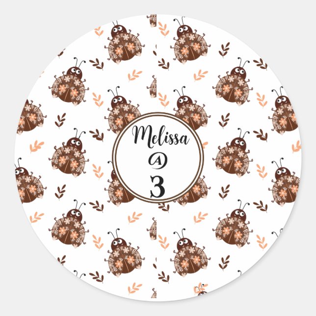Sticker Rond Joli Brown et beige Ladybug et Motif de fleurs (Devant)