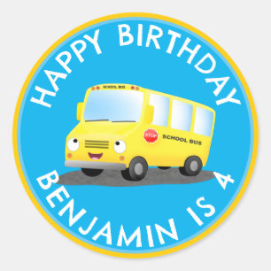 Sticker Rond Joli bus scolaire jaune joyeux anniversaire person