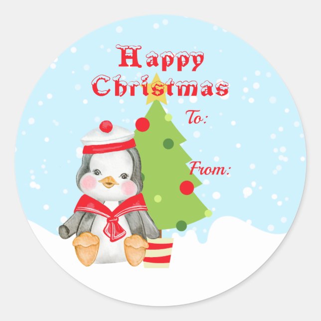 Sticker Rond Joli cadeau de Noël Pingouin de Noël (Devant)