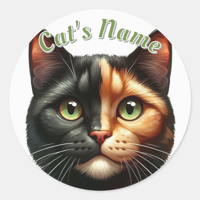 Sticker Rond Joli Calico Raccourci Chat plus Nom (Devant)