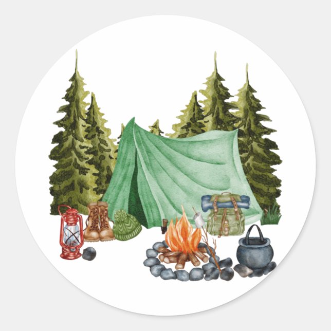 Sticker Rond Joli Camping Thème Feu de Campement, Tente, Forêt (Devant)