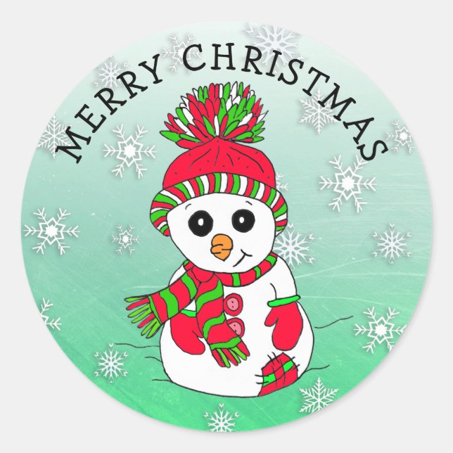Sticker Rond Joli Cartoon Snowman Snowflake Noël (Devant)