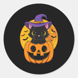 Sticker Rond Joli Casquette Halloween Chat Noir Sorcière Citrou