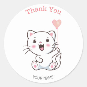 Sticker Rond Joli Chat Blanc Heureux avec Ballon en Forme de Co