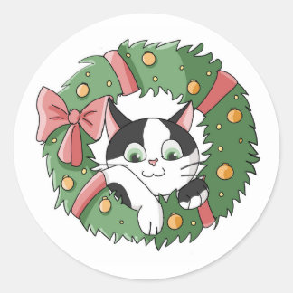 Sticker Rond Joli Chat de Noël Dessiné Suspendu
