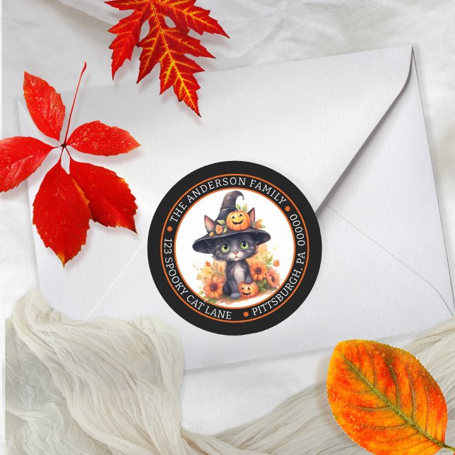 Sticker Rond Joli Chat Noir | Chapeau de Sorcière Cercle Adress (Witchy is the word with a cute cat in a witch hat orange floral design return address envelope seal.)