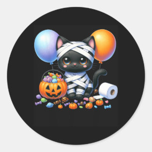 Sticker Rond Joli chat noir d'Halloween Citrouille Friandise ou