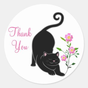 Sticker Rond Joli chat noir kitty avec Merci de fleurs