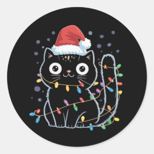Sticker Rond Joli Chat Noir Père Noël Lumières de Noël Miaou Mi