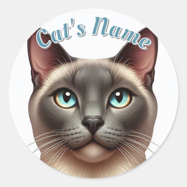 Sticker Rond Joli chat Siamais aux cheveux courts ・ Personnalis (Devant)