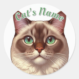 Sticker Rond Joli chat siamois à poil long ・ Ajouter un nom