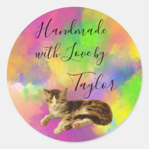 Sticker Rond Joli Chat Vintage Fait Main avec Amour Arc-en-Ciel