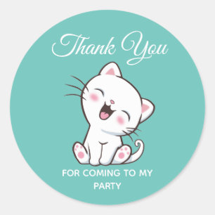 Sticker Rond Joli chaton sur fond sarcelle Merci
