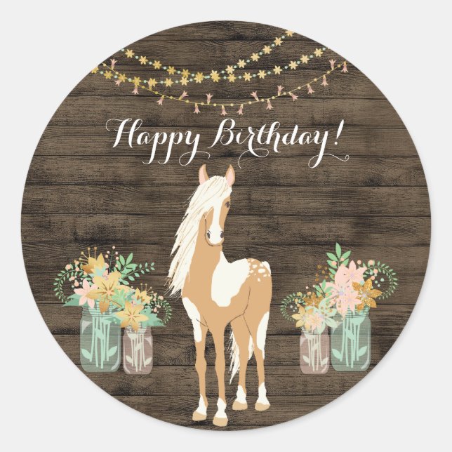Sticker Rond Joli cheval et fleurs Bois rustique Anniversaire (Devant)