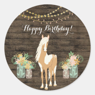Sticker Rond Joli cheval et fleurs Bois rustique Anniversaire