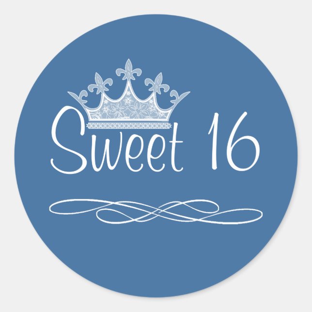 Sticker Rond Joli chevalet bleu couronne 16 Anniversaire (Devant)