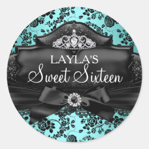 Sticker Rond Joli chevalet Tiara & Bow Turquoise Sweet 16
