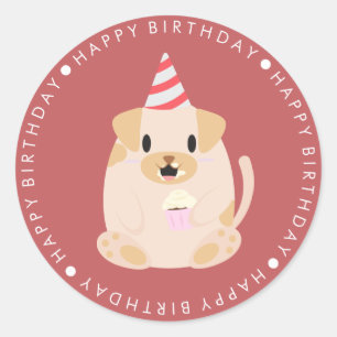 Sticker Rond Joli Chien Chien Chien Coquelicot Joyeux Anniversa