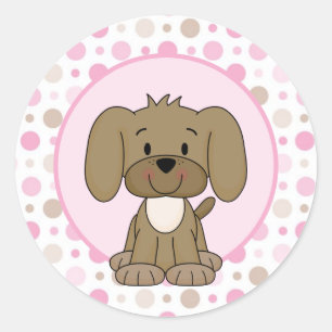 Sticker Rond Joli Chien Chien Rosé Polka Pot Baby shower