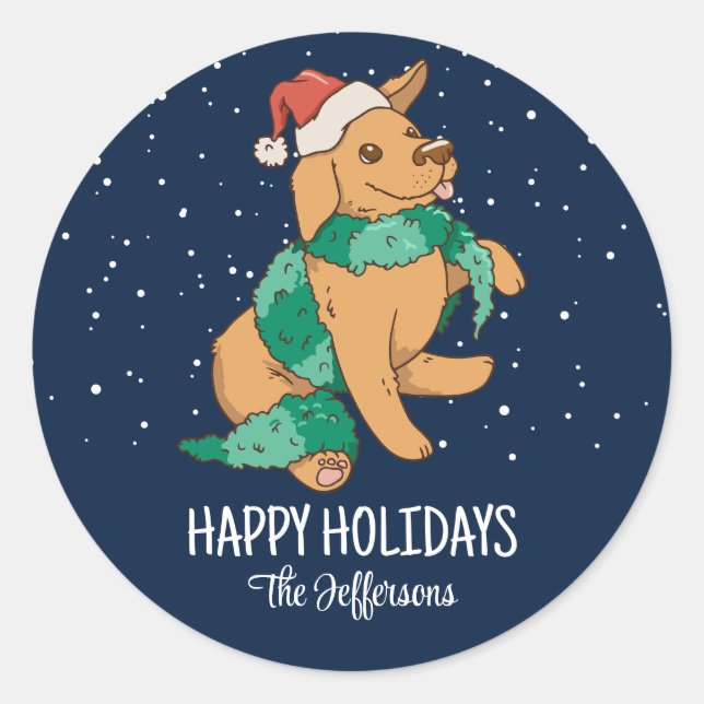 Sticker Rond Joli Chien de Noël Père Noël Snowy Vacances d'hive (Devant)