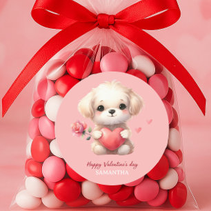 Sticker Rond Joli Chien Rouge Coeur RoseJoyeuse Saint-Valentin