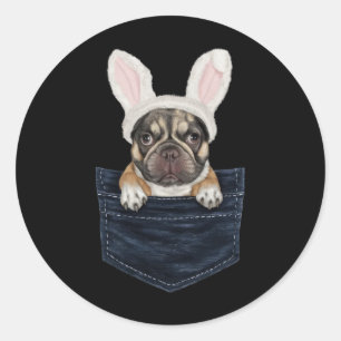 Sticker Rond Joli chiot Bouledogue Français chapeau de lapin da