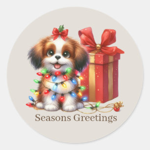 Sticker Rond Joli chiot de Noël personnalisable Saisons Salutat