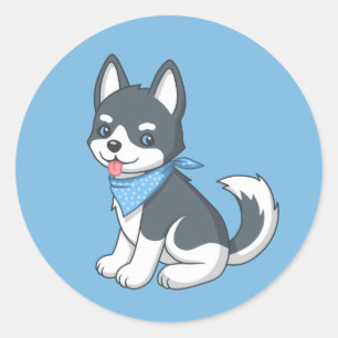 Sticker Rond Joli chiot husky sur fond bleu