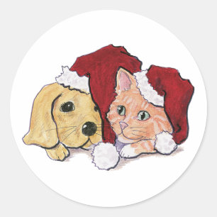 Sticker Rond Joli chiot Labrador de Noël et chat tigré orange