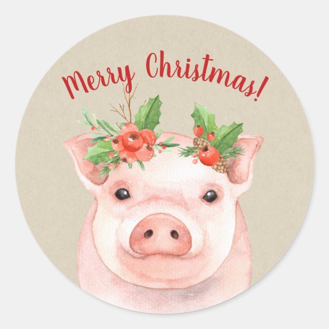 Sticker Rond Joli Cochon de Noël Rustique Pays vacances Personn (Devant)