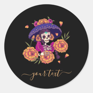 Sticker Rond Joli crâne floral Squelette &Nom élégant Festif