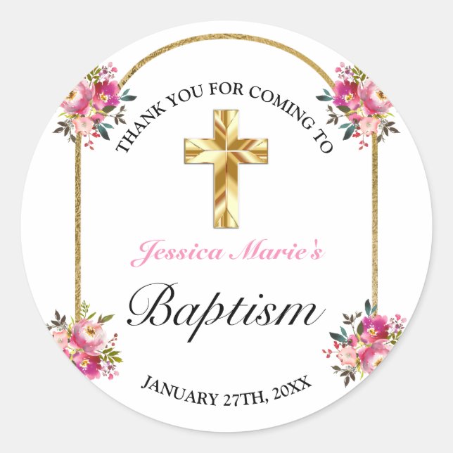 Sticker Rond Joli croix florale rose oré remerciement de baptêm (Devant)