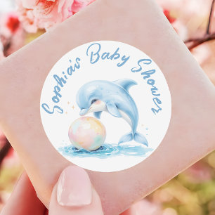 Sticker Rond Joli dauphin Dusty Baby shower bleu Favoriser