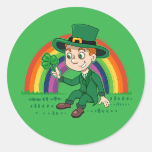 Sticker Rond Joli dessin animé leprechaun avec shamrock et arc-