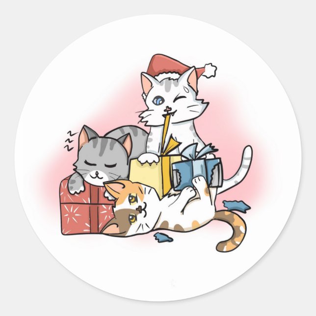 Sticker Rond Joli dessin de Noël Chats jouant avec des cadeaux (Devant)