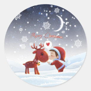 Sticker Rond Joli dessin Joyeux petit garçon de Noël Kissing Re