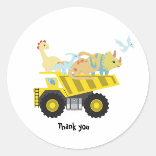 Sticker Rond Joli dinosaure tracteur école de camion Anniversai