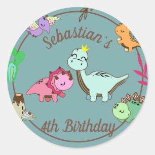 Sticker Rond Joli Dinosaures fête d'anniversaire