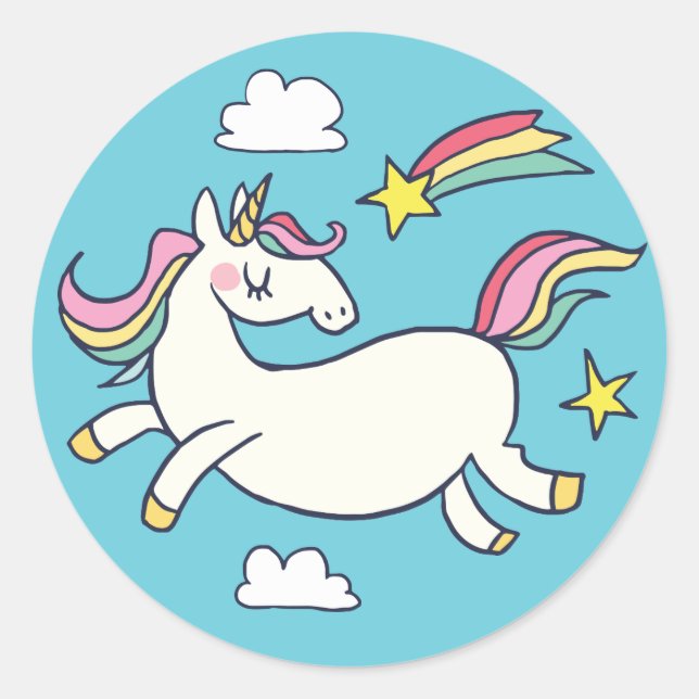 Sticker Rond Joli Doodle Anniversaire Rainbow Unicorn et étoile (Devant)