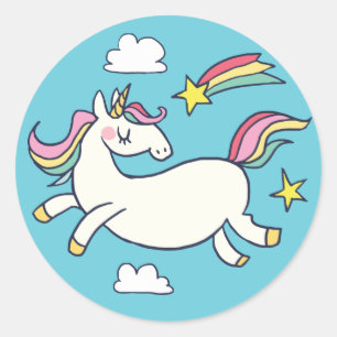 Sticker Rond Joli Doodle d'anniversaire Rainbow Unicorn et Star