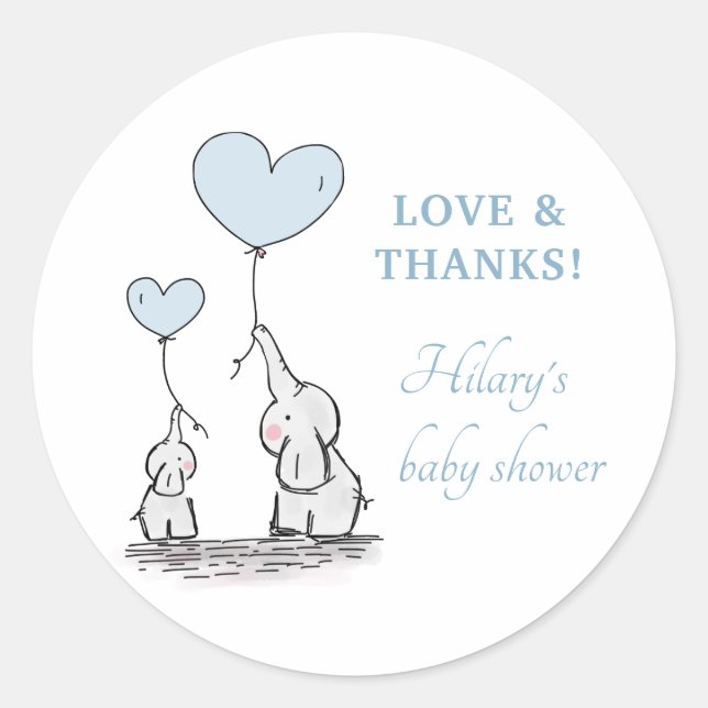 Sticker Rond Joli Eléphant Bleu Coeur Ballons Baby shower garço (Devant)