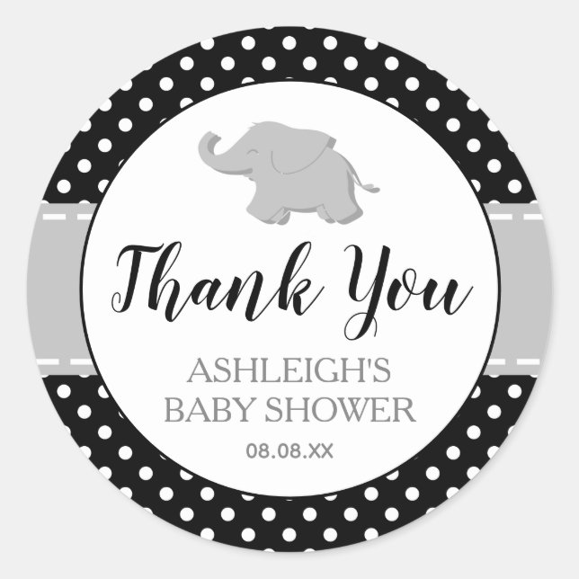 Sticker Rond Joli Eléphant noir blanc Polka Baby shower point (Devant)