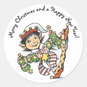 Sticker Rond Joli Elf Dancing, Caricature rétro de Noël