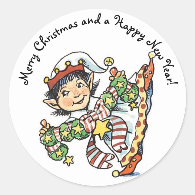 Sticker Rond Joli Elf Dancing, Caricature rétro de Noël (Devant)