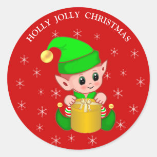 Sticker Rond Joli elfe de Noël & flocons de neige sur rouge