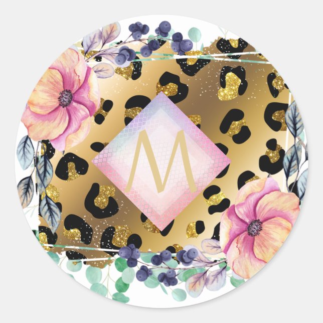 Sticker Rond Joli Empreinte de léopard or rose rose  Monogramme (Devant)