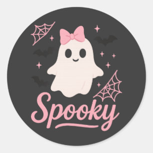Sticker Rond Joli Fantôme Éffrayant avec Bow rose Kawaii Hallow
