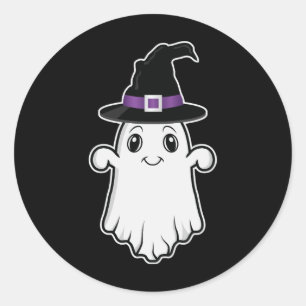 Sticker Rond Joli fantôme souriant portant un chapeau de sorciè