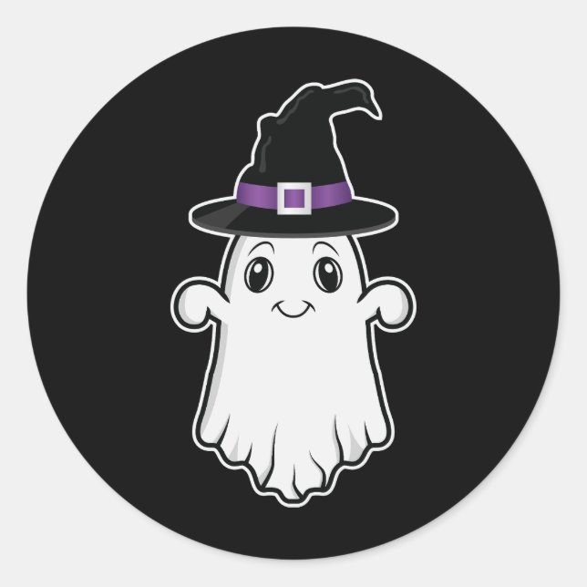 Sticker Rond Joli Fantôme Souriant Portant Une Sorcière Casquet (Devant)