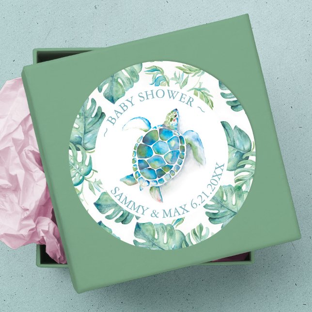 Sticker Rond Joli Favori Tortue de Mer à l'aquarelle & Feuillag (thank you sticker sea turtle baby shower)